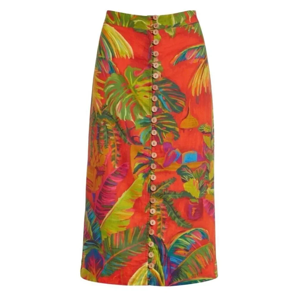Farm Rio Urban Jungle Linen Midi Skirt Size XS - Picture 6 of 13